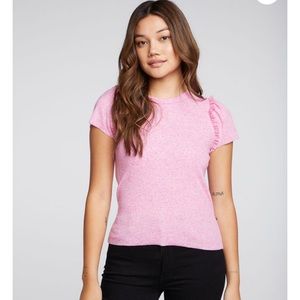 Chaser Ribbed Pink Ruffle Sleeve T Shirt